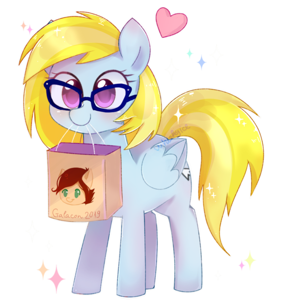 Size: 1000x1052 | Tagged: safe, artist:finlywhisk, derpibooru import, oc, oc:canni soda, oc:cloud cuddler, unofficial characters only, pegasus, pony, commission, cute, female, galacon, glasses, heart, mare, mouth hold, shopping bag, simple background, transparent background, ych result