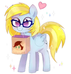 Size: 1000x1052 | Tagged: safe, artist:finlywhisk, derpibooru import, oc, oc:canni soda, oc:cloud cuddler, unofficial characters only, pegasus, pony, commission, cute, female, galacon, glasses, heart, mare, mouth hold, shopping bag, simple background, transparent background, ych result