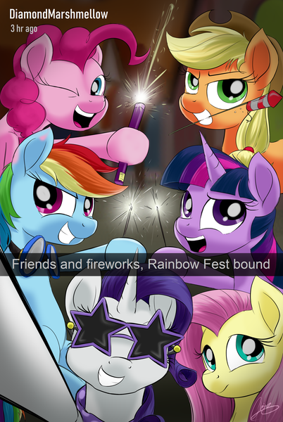 Size: 2016x3008 | Tagged: safe, artist:oinktweetstudios, derpibooru import, applejack, fluttershy, pinkie pie, rainbow dash, rarity, twilight sparkle, alicorn, earth pony, pegasus, pony, unicorn, 4th of july, bottle rocket, fireworks, holiday, hoof hold, mane six, mouth hold, selfie, snapchat, sparkler (firework), star glasses, sunglasses