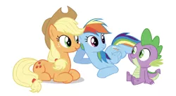 Size: 750x408 | Tagged: safe, derpibooru import, edit, editor:undeadponysoldier, applejack, rainbow dash, spike, dragon, earth pony, pegasus, pony, applespike, applespikedash, bisexual, female, hanging out, happy, lesbian, looking at each other, lying down, male, mare, polyamory, rainbowspike, shipping, simple background, sitting, smiling, spike gets all the mares, spikelove, straight, white background