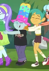 Size: 325x470 | Tagged: safe, derpibooru import, screencap, aqua blossom, frosty orange, snails, snips, equestria girls, equestria girls series, five lines you need to stand in, spoiler:eqg series (season 2), clothes, converse, cropped, eyes closed, female, hat, legs, male, offscreen character, pants, shoes, shorts