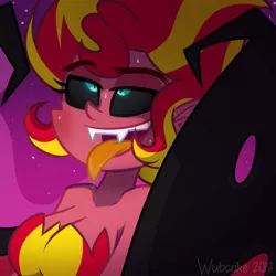 Size: 894x894 | Tagged: suggestive, artist:wubcakeva, derpibooru import, sunset shimmer, equestria girls, ahegao, breasts, implied orgasm, midnightsatan, open mouth, sunset satan, sweat, tongue out