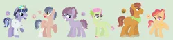 Size: 2268x536 | Tagged: safe, artist:sarabeanadopts, derpibooru import, oc, unofficial characters only, dracony, dragon, earth pony, hybrid, pegasus, pony, unicorn, amputee, base used, beard, blank flank, clothes, colored hooves, dragoncorn, facial hair, female, freckles, goggles, interspecies offspring, jewelry, kerchief, lab coat, lipstick, male, nail polish, necklace, next generation, offspring, parent:applejack, parent:big macintosh, parent:caramel, parent:fluttershy, parent:orion, parent:pinkie pie, parent:pokey pierce, parent:rainbow dash, parent:rarity, parent:soarin', parent:spike, parent:twilight sparkle, parents:carajack, parents:fluttermac, parents:pokeypie, parents:soarindash, parents:sparity, parents:twirion, prosthetic leg, prosthetic limb, prosthetics, scar, scruffy, simple background