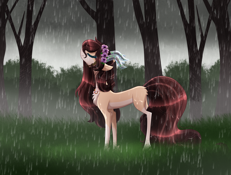 Size: 2549x1933 | Tagged: artist:sugaryicecreammlp, deer, deer pony, derpibooru import, female, oc, oc:tamara, original species, rain, safe, solo, tree