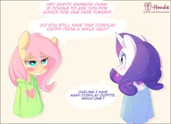 Size: 1881x1365 | Tagged: safe, artist:apony, derpibooru import, fluttershy, rarity, semi-anthro, blush sticker, blushing, clothes, dialogue, duo, hoodie, implied flutterdash, implied lesbian, implied rainbow dash, implied shipping
