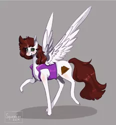 Size: 1906x2046 | Tagged: safe, artist:saoiirse, derpibooru import, oc, oc:graph travel, unofficial characters only, pegasus, pony, clothes, female, freckles, looking at you, mare, raised hoof, smiling, solo, spread wings, vest, wings