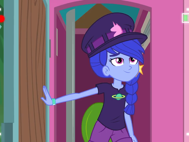 Size: 960x720 | Tagged: safe, derpibooru import, screencap, space camp (character), equestria girls, equestria girls series, five lines you need to stand in, spoiler:eqg series (season 2), background human, clothes, outhouse, smiling