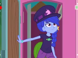 Size: 960x720 | Tagged: safe, derpibooru import, screencap, space camp (character), equestria girls, equestria girls series, five lines you need to stand in, spoiler:eqg series (season 2), background human, clothes, outhouse, smiling