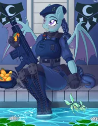 Size: 3600x4650 | Tagged: safe, artist:ziemniax, derpibooru import, oc, oc:specter ace, unofficial characters only, anthro, bat pony, assault rifle, bat pony oc, bat wings, beret, boots, braid, braided ponytail, braided tail, breasts, busty oc, clothes, commission, fangs, female, fn scar, freckles, fruit, gloves, gun, hat, helmet, kevlar, knee pads, mangoes, rifle, royal guard, scar-h, shoes, sitting, solo, swimming pool, uniform, weapon, wings