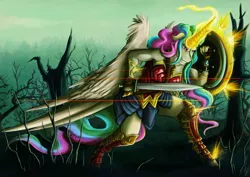 Size: 1750x1237 | Tagged: anthro, armor, artist:jamescorck, battlefield, bullet, commission, crossover, dead trees, derpibooru import, glowing horn, gritted teeth, horn, movie reference, no man's land, princess celestia, safe, scene interpretation, shield, solo, sword, tree stump, unguligrade anthro, weapon, wonder woman, world war i