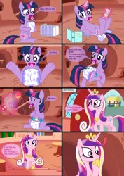 Size: 1350x1912 | Tagged: safe, artist:diaperdude, derpibooru import, princess cadance, twilight sparkle, alicorn, pony, unicorn, comic:a foalish mind, abdl, adult foal, caught, comic, cushies, diaper, diaper package, diapering, exclamation point, fetish, golden oaks library, pacifier, product placement, shocked