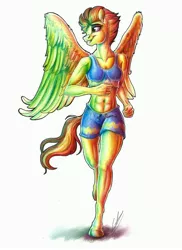Size: 2550x3506 | Tagged: abs, anthro, artist:lupiarts, clothes, derpibooru import, female, jogging, pegasus, safe, sexy, smiling, smirk, solo, spitfire, sports bra, sporty style, stupid sexy spitfire, unguligrade anthro, uniform, wings, wonderbolt trainee uniform