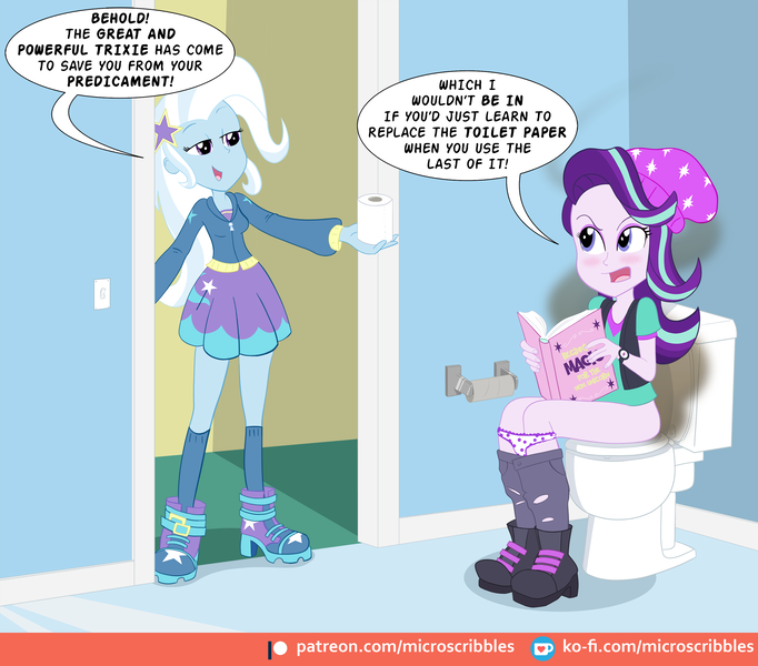 Size: 3000x2640 | Tagged: suggestive, artist:microscribbles, derpibooru import, starlight glimmer, trixie, equestria girls, beanie, but why, embarrassed, hat, implied pooping, inconvenient trixie, nudity, patreon, patreon logo, stink lines, toilet, toilet paper