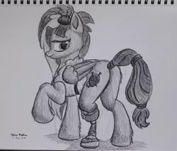 Size: 2870x2448 | Tagged: safe, artist:rockhoppr3, derpibooru import, kerfuffle, pony, rainbow roadtrip, amputee, butt, monochrome, plot, prosthetic leg, prosthetic limb, prosthetics, solo, traditional art