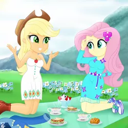 Size: 2600x2600 | Tagged: safe, artist:theretroart88, derpibooru import, applejack, fluttershy, equestria girls, equestria girls series, clothes, coffee, cute, dress, food, ice cream, jackabetes, picnic, shoes, shyabetes, sitting, snacks, sneakers