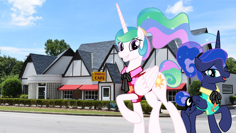 Size: 5000x2824 | Tagged: safe, artist:disneymarvel96, derpibooru import, edit, vector edit, princess celestia, princess luna, pony, between dark and dawn, alternate hairstyle, bowtie, clothes, colonel sanders, hair bun, hawaiian shirt, irl, kentucky, kfc, photo, ponies in real life, ponytail, ribbon, sanders cafe, shirt, string tie, vector