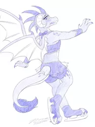 Size: 1024x1366 | Tagged: artist:novaintellus, atg 2019, beautiful, blushing, clothes, compression shorts, cute, derpibooru import, dragon, dragoness, emberbetes, female, ice skates, ice skating, looking back, midriff, miniskirt, newbie artist training grounds, princess ember, safe, signature, sketch, skirt, solo, sports bra, spread wings, wings