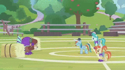 Size: 640x360 | Tagged: safe, derpibooru import, screencap, lighthoof, rainbow dash, shimmy shake, yona, pegasus, pony, 2 4 6 greaaat, animated, blowing, blowing whistle, cheerleader, cheerleader outfit, cheerleader yona, clothes, coach, coach rainbow dash, cute, dashabetes, grin, gritted teeth, hay bale, puffy cheeks, rainblow dash, rainbow dashs coaching whistle, smiling, sound, stomping, that pony sure does love whistles, webm, whistle, yonadorable