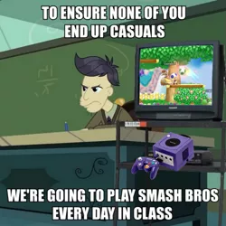 Size: 689x689 | Tagged: safe, derpibooru import, edit, edited screencap, screencap, cranky doodle donkey, equestria girls, equestria girls series, happily ever after party, caption, chalkboard, classroom, clothes, desk, exploitable meme, gamecube, image macro, male, meme, super smash bros., television, text