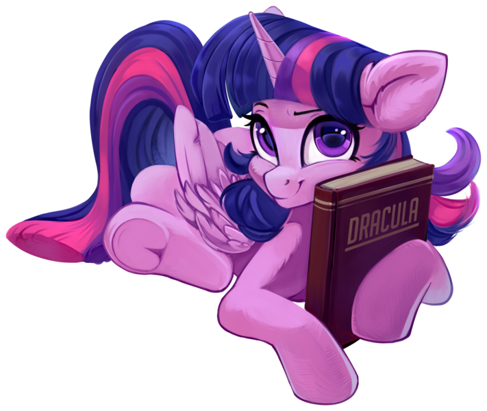 Size: 2500x2111 | Tagged: safe, artist:taneysha, derpibooru import, twilight sparkle, twilight sparkle (alicorn), alicorn, pony, book, dracula, female, looking at you, lying down, mare, simple background, smiling, solo, that pony sure does love books, transparent background, underhoof