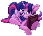 Size: 2500x2111 | Tagged: safe, artist:taneysha, derpibooru import, twilight sparkle, twilight sparkle (alicorn), alicorn, pony, book, dracula, female, looking at you, lying down, mare, simple background, smiling, solo, that pony sure does love books, transparent background, underhoof