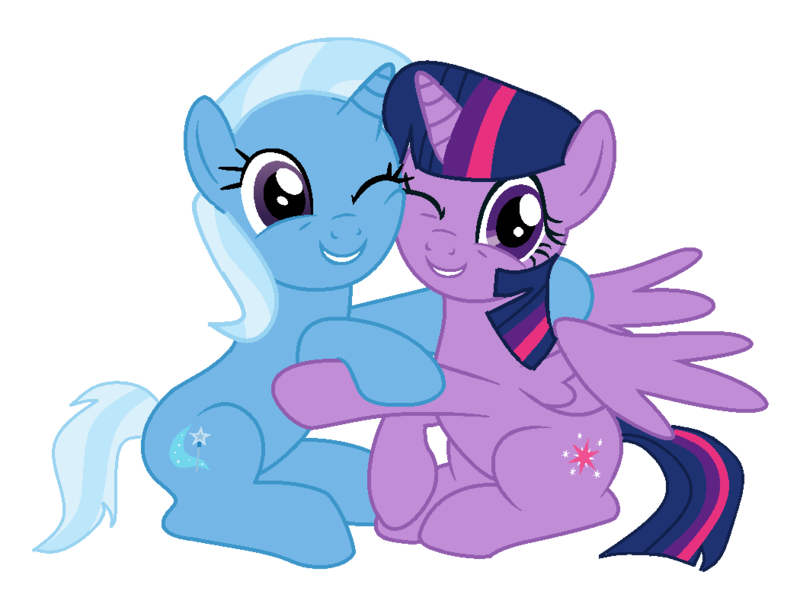 Size: 1050x776 | Tagged: safe, artist:grapefruitface1, artist:k-amiibases, derpibooru import, trixie, twilight sparkle, twilight sparkle (alicorn), alicorn, pony, base used, female, hug, lesbian, one eye closed, requested art, shipping, simple background, smiling, transparent background, twixie, wink