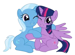 Size: 1050x776 | Tagged: safe, artist:grapefruitface1, artist:k-amiibases, derpibooru import, trixie, twilight sparkle, twilight sparkle (alicorn), alicorn, pony, base used, female, hug, lesbian, one eye closed, requested art, shipping, simple background, smiling, transparent background, twixie, wink