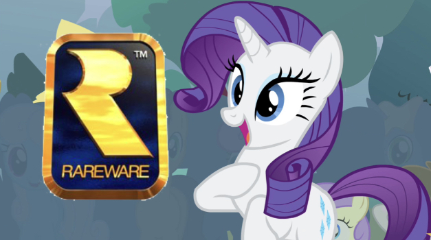 Size: 627x350 | Tagged: safe, derpibooru import, edit, edited screencap, editor:undeadponysoldier, screencap, rarity, pony, unicorn, bipedal, cute, cute smile, female, happy, hoof on chest, i see what you did there, logo, mare, namesake, open mouth, rareware, rareware logo, trademark