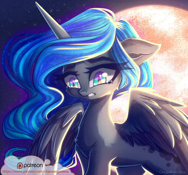 Size: 1100x1027 | Tagged: safe, artist:chaosangeldesu, derpibooru import, princess luna, alicorn, pony, cheek fluff, chest fluff, crying, ear fluff, female, full moon, leg fluff, mare, moon, sad, slit eyes, solo, spread wings, teary eyes, wings