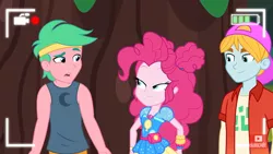 Size: 1280x720 | Tagged: safe, derpibooru import, screencap, fry lilac, lemon zack, pinkie pie, equestria girls, equestria girls series, five lines you need to stand in, spoiler:eqg series (season 2), background human, bare arms, camera shot, cap, clothes, eyes closed, female, geode of sugar bombs, hat, magical geodes, male, recording, smiling, video