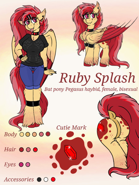 Size: 768x1024 | Tagged: safe, alternate version, artist:emz2015, artist:rubysplash2018, derpibooru import, oc, oc:ruby splash, anthro, pony, anthro with ponies, both cutie marks, palindrome get, reference sheet, solo