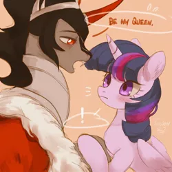 Size: 1024x1024 | Tagged: safe, artist:tingsan, derpibooru import, king sombra, twilight sparkle, twilight sparkle (alicorn), alicorn, pony, unicorn, blushing, clothes, crack shipping, crown, exclamation point, fangs, female, holding hooves, jewelry, looking at each other, male, mare, marriage proposal, regalia, shipping, simple background, speech bubble, stallion, straight, twibra