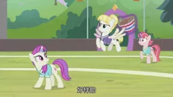 Size: 1280x720 | Tagged: safe, derpibooru import, screencap, summer breeze, pegasus, pony, unicorn, 2 4 6 greaaat, basket, buckball, buckball court, buckball uniform, buckbasket, bushel basket, chinese text, clothes, female, flying, friendship student, glowing horn, horn, horn ring, inhibitor ring, jersey, magic, magic aura, mare, ring, shirt, spread wings, telekinesis, trio, wings