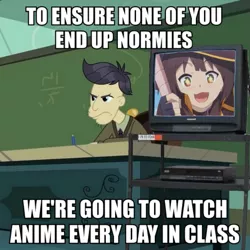 Size: 689x689 | Tagged: safe, derpibooru import, edit, edited screencap, screencap, cranky doodle donkey, equestria girls, equestria girls series, happily ever after party, anime, caption, chalkboard, classroom, clothes, desk, exploitable meme, image macro, konosuba, male, megumin, meme, normies, television, text