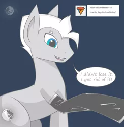 Size: 1590x1632 | Tagged: semi-grimdark, artist:regolithart, derpibooru import, oc, oc:regolith, earth pony, pony, amputee, ask, male, prosthetic limb, prosthetics, solo, speech bubble, talking, tumblr