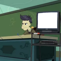 Size: 551x551 | Tagged: safe, derpibooru import, edit, edited screencap, screencap, cranky doodle donkey, equestria girls, equestria girls series, happily ever after party, caption, chalkboard, classroom, clothes, desk, exploitable meme, image macro, male, meme, meme template, television, template, text