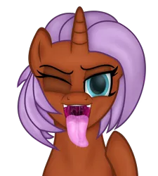Size: 5493x6100 | Tagged: suggestive, artist:emu34b, derpibooru import, oc, oc:happi, unofficial characters only, pony, unicorn, absurd resolution, drool, female, maw, mawshot, one eye closed, open mouth, simple background, solo, solo female, tongue out, vector, wink