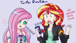 Size: 1920x1080 | Tagged: safe, artist:melliedraws, derpibooru import, fluttershy, sunset shimmer, equestria girls, blushing, dialogue, duo, female, gamer sunset, geode of fauna, human coloration, magical geodes, open mouth, phone, stars