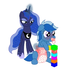 Size: 1600x1600 | Tagged: suggestive, artist:datspaniard, derpibooru import, princess luna, oc, oc:midnight brush, pony, adult foal, blocks, blushing, diaper, diaper check, diaper fetish, fetish, pacifier