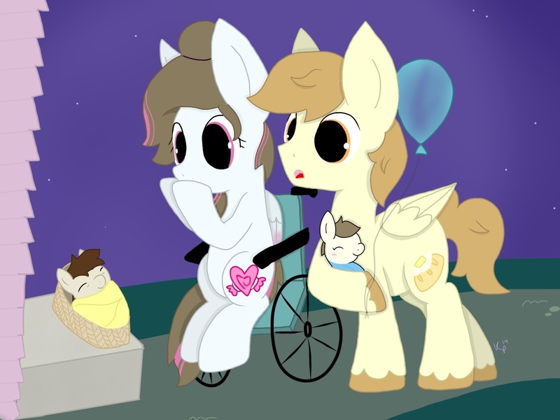 Size: 1600x1200 | Tagged: safe, artist:kalie0216, derpibooru import, oc, oc:butter loaf, oc:hatchet, oc:soft spot, oc:sweet spot, pegasus, pony, balloon, basket, female, foal, male, newborn, pony in a basket, story included, suprised look, wheelchair