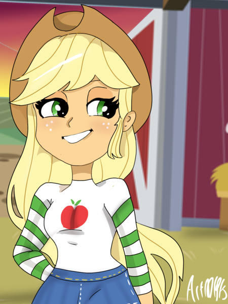 Size: 1800x2400 | Tagged: safe, artist:artmlpk, derpibooru import, applejack, equestria girls, barn, cute, design, farm, female, jackabetes, smugjack, solo, sunset