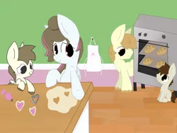 Size: 2000x1500 | Tagged: safe, artist:kalie0216, derpibooru import, oc, oc:butter loaf, oc:cookie dough, oc:hatchet, oc:soft spot, oc:sweet spot, pegasus, pony, apron, blushing, clothes, cookie cutter, female, food, frosting, kitchen, male, oven, pastry