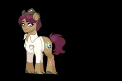Size: 1080x720 | Tagged: safe, artist:evergreen-gemdust, derpibooru import, snap shutter, pony, the last crusade, black background, clothes, scar, shirt, simple background, solo