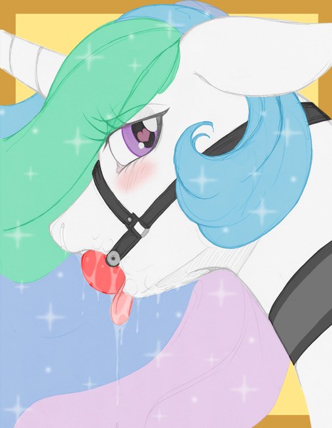 Size: 1229x1581 | Tagged: questionable, artist:longinius, color edit, derpibooru import, edit, princess celestia, alicorn, pony, ballgag, bdsm, blushing, collar, colored, drool, drool string, female, femsub, gag, heart eyes, mare, open mouth, solo, solo female, sublestia, submissive, tongue out, wet, wingding eyes