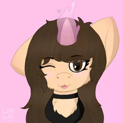 Size: 1080x1080 | Tagged: safe, artist:feelingpandy, derpibooru import, oc, oc:serenity sweets, unofficial characters only, pony, unicorn, blushing, brown eyes, brown mane, bust, chest fluff, clothes, cute, female, magic, mare, one ear down, one eye closed, pink background, simple background, wink