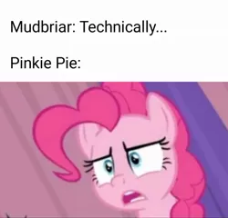 Size: 1080x1037 | Tagged: safe, derpibooru import, edit, screencap, pinkie pie, pony, a trivial pursuit, faic, implied mudbriar, meme, technically, unsettled tom