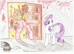 Size: 2338x1700 | Tagged: semi-grimdark, artist:raritypredator, derpibooru import, rarity, ponified, pony, unicorn, blood, blue eyes, burns, clothes, colored pencil drawing, door, duo, fedora, female, fire, freddy krueger, hat, male, mare, pipe (plumbing), skull, slasher, slasher smile, steam, sweater, this will end in death, traditional art