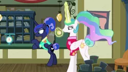 Size: 1920x1080 | Tagged: safe, derpibooru import, screencap, princess celestia, princess luna, pony, between dark and dawn, alternate hairstyle, celestia is not amused, chronometer, clothes, hawaiian shirt, magic, pocket watch, post office, royal sisters, shirt, tail bun, that pony sure does love the post office, unamused, weighing scale