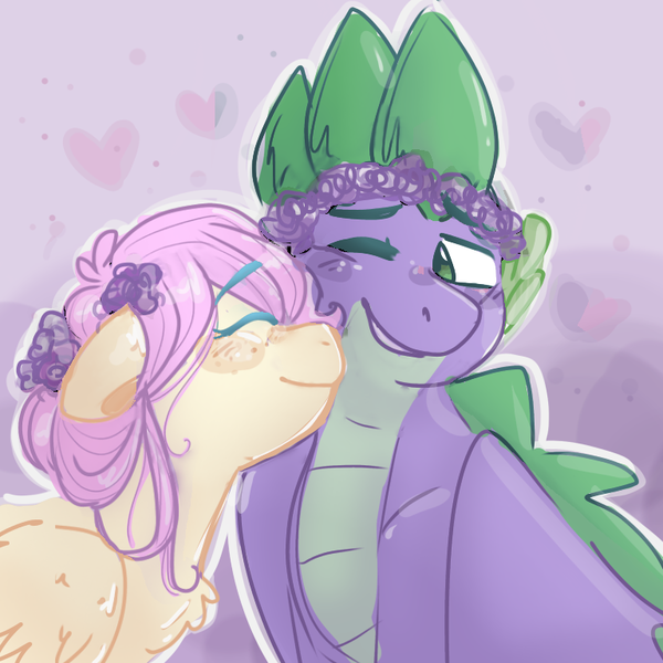 Size: 768x768 | Tagged: safe, artist:fluttershyfilly-yay, derpibooru import, fluttershy, spike, dragon, pegasus, pony, alternate hairstyle, blushing, bust, female, floral head wreath, flower, flutterspike, heart, male, mare, nuzzling, one eye closed, shipping, smiling, straight, winged spike, wings