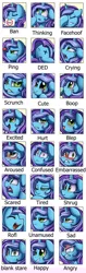 Size: 1280x4064 | Tagged: safe, artist:pridark, derpibooru import, oc, oc:untitled work, pony, unicorn, boop, cringing, emotes, emotions, facehoof, female, green eyes, hooves on face, laughing, looking at you, mare, open mouth, sleepy, stare, tongue out